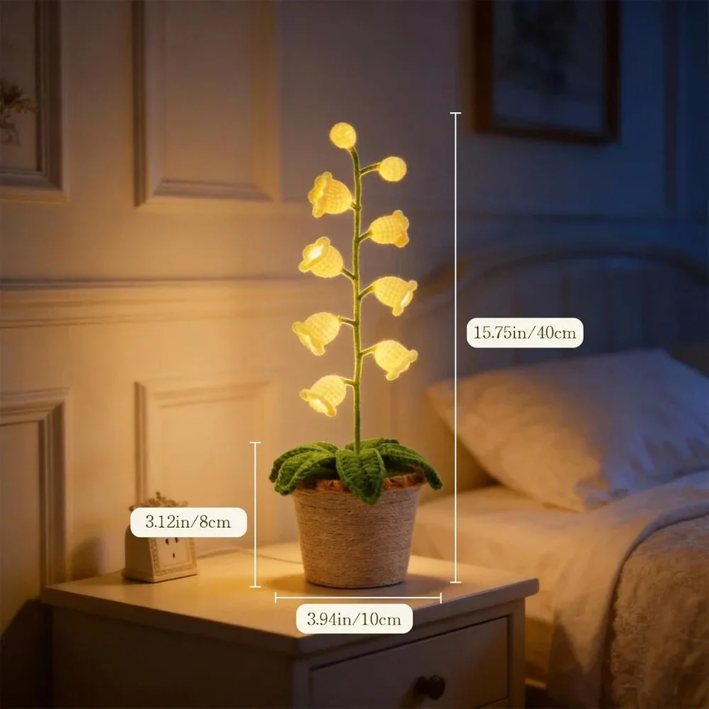 Artificial Cream Cute Lily Valley Flower Handmade Crochet Lamp Led Light Decor